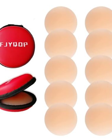 FJYQOP Silicone Nipple Covers - 5 Pairs, Women's Reusable Adhesive Invisible Pasties Nippleless Covers Round Beige