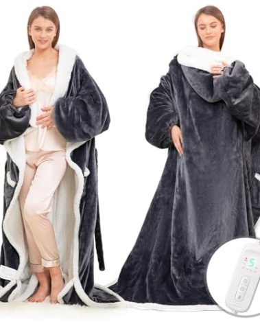 Wearable Heated Blanket with Foot Pocket, Electric Wearable Throw Blanket with Sleeves, Hood, Portable Heated Blanket with 8 Heat Levels, 1-10H Auto-off Settings, Gift for Family, Friends, 50*83"