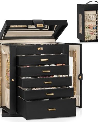 AKOZLIN Jewelry Box 6-Tier Organizer Functional 360° Rotating Jewelry Storage Case for Women Girls Ring Necklace Earring Bracelet Holder with Mirror