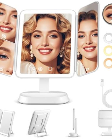 GOMIPURU Vanity Mirror with Lights, Lighted Makeup Mirror with 30X/10X/5X Magnification, Rechargeable Trifold Mirror with 3 Color & Adjustable Brightness, Travel Makeup Mirror with Lights for Desk