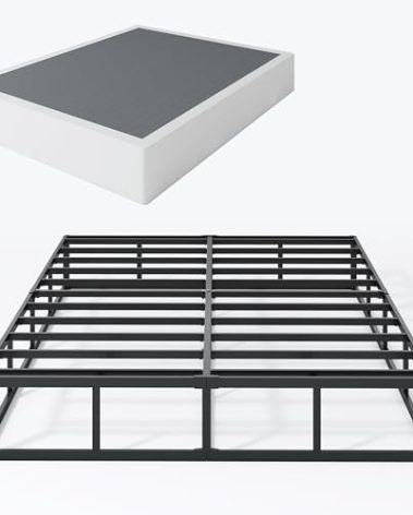 SHLAND Box Springs King Size 9 Inch High Profile Box Spring Strong Metal Frame Mattress Foundation with Fabric Cover, Easy Assembly