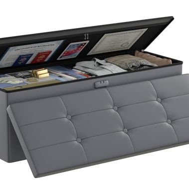 DocSafe Storage Ottoman Bench, Fireproof＆Waterproof Folding Bench with Lock(15”x 43”x15”), Leather Storage Chest with Handles＆2 Extra Boxes, Ottoman Safe for Bedroom,Living Room,Home Office, Gray