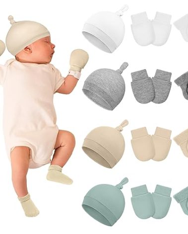 Ramede 4 Pack Preemie Hats Mitten and Socks Set Cotton Preemie Cap No Scratch Mittens Warm Terry Socks for Girls Boys(Multicolor)