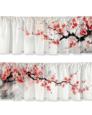 Wssklovj Cherry Blossom Valance Curtain for Windows 2 Pack Watercolor Japan Spring Pink Flower Rod Pocket Window Treatments Short Curtains for Kitchen Windows Bathroom Bedroom 54x18 Inch