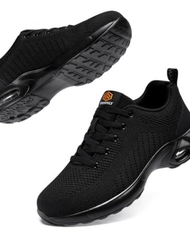 FENLERN Wide Width Steel Toe Safety Shoes for Women Ladies Comfortable Work Sneakers Non Slip Lightweight Size 7.5W,Black