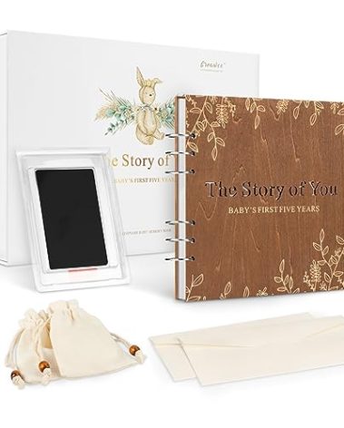 Wooden Keepsake Baby Memory Book Box Boys & Girls, First 5 Years Baby Milestone Book Gender Neutral Journal Memory Scrapbook, Baby Shower Keepsake Gift Set (Included Ink Pad/Keepsake Bags/Envelopes)