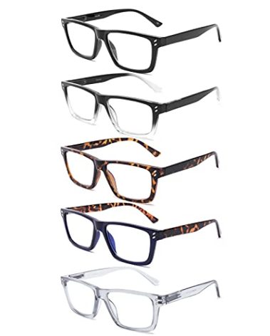 Yuluki 5 Pack Reading Glasses Blue Light Blocking for Men Women，Square Frame Computer Readers with Comfort Spring Hings,Anti Glare/Eyestrain 1.5