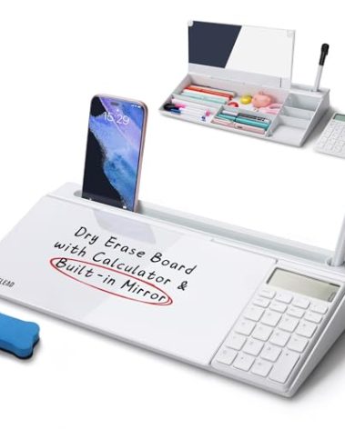 SELEAD Desktop Glass Whiteboard with Calculator & Built-in Mirror, Dry Erase White Board Computer Pad Keyboard Stand with Organizer Drawer, Desk Accessories for Home, School, Office
