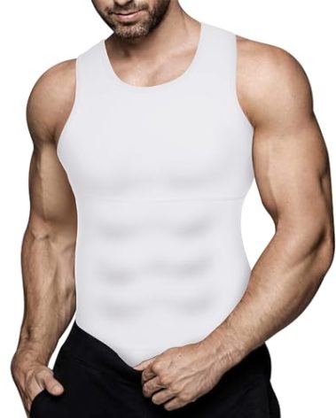 Mens Compression Shirt Workout Tank Tops Slimming Body Shaper Vest Abs Abdomen Undershirts (White, Medium)