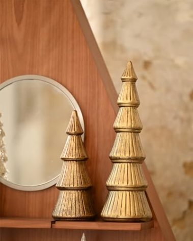 WONDROUS' DECO Christmas Tree Figurine Gold Wooden, Tree Figurines Decorative for Tabletop, Small Glittered Golden Xmas Trees Figurines for Christmas Mantle Indoor Decor