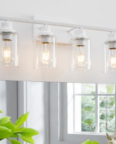 HCCZ 4 Light White Bathroom Light Fixtures Vanity Light Over Mirror Modern Wall Lighting Sconces Rustic Industrial Wall Lamp for Bathroom, Bedroom, Living Room E26 Socket with Glass Shade