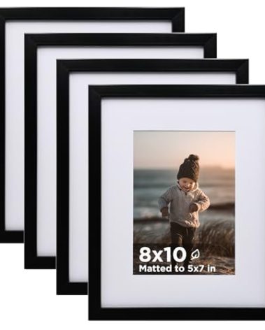 KINLINK 8x10 Picture Frame Black Set of 4, Wooden Photo Frames Matted 5x7 with Plexiglass for 5x7 with Mat or 8x10 without Mat for Table and Wall Display