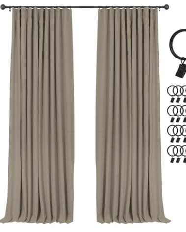 INOVADAY 100% Blackout Curtains for Bedroom, Black Out Curtains 90 Inch Long, Clip Rings Linen Blackout Drapes, Thermal Insulated Room Darkening for Living Room, 2 Panels - Fauxlinen,W50xL90