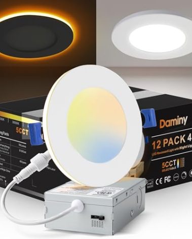 DAMINY 12 Pack 4 Inch 5CCT LED Recessed Light with Night Light,Ultra-Thin,Canless recessed Lighting 4 in,9W=80W,700LM,Dimmable Wafer Lights,ETL Certificated