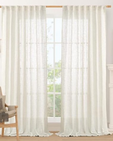 LAMIT Extra Wide Linen Curtains for Bedroom, Cream Light Filtering Faux Linen Textured Panels Semi Sheer Back Tab and Rod Pocket Boho Drapes for Living Room, 2 Panels, 60 x 84 Inch