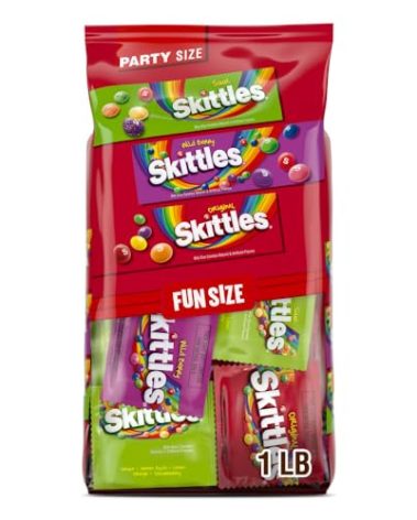 Wrigley's Skittles Fun Size Original, Wild Berry, and Sour Chewy Individually Wrapped Stocking Stuffers Christmas Candy Variety Pack, 26.46 Oz Bulk Bag