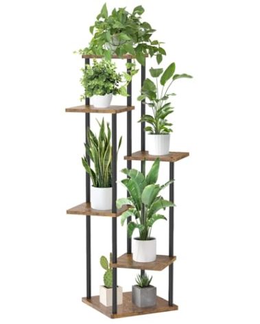 Oppro 6 Tier Tall Plant Stand Indoor, Large Wood Metal Planter Shelf Holder for Narrow Corner, Sturdy Vertical Multiple Flower Orchid Pot Decorative Rack for House Living Room Bedroom Office, Rustic Black