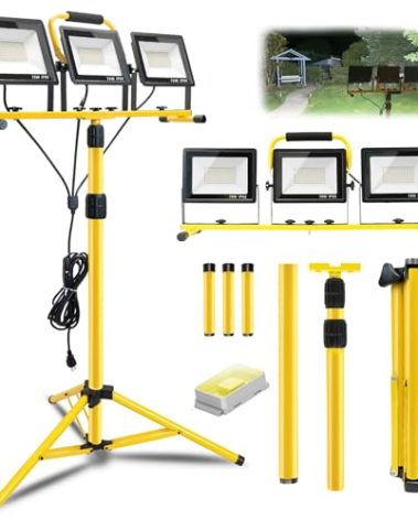 21000Lumen LED Work Lights with Stand: 3 Head Adjustable Work Light with Individual Switch - IP66 Waterproof Foldable Tripod Worklight with 16.4FT Cord for Indoor Outdoor Portable Lighting