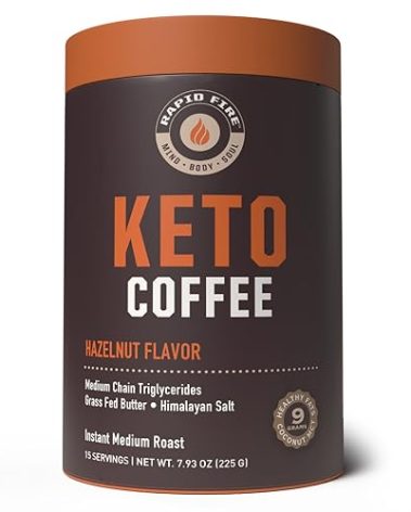 Rapid Fire Ketogenic Fair Trade Instant Keto Coffee Mix, Supports Energy, Metabolism Support, Grass Fed Butter, MCTs & Himalayan Salt, 15 servings, Hazelnut Flavor, 7.93 Ounce