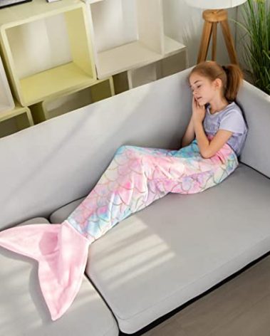 Mermaid Tail Blankets Glittering Wearable Cute Cozy Soft Flannel Rainbow Colorful Mermaid Tail Blanket for Girls 5~12 Year