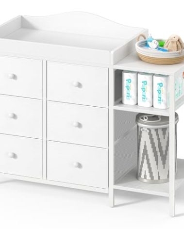 BOLUO Baby Dresser with Changing Table Top, White Changing Table Dresser with 6 Fabric Drawers Diaper Changing Station with Storage Shelf for Nursery Modern