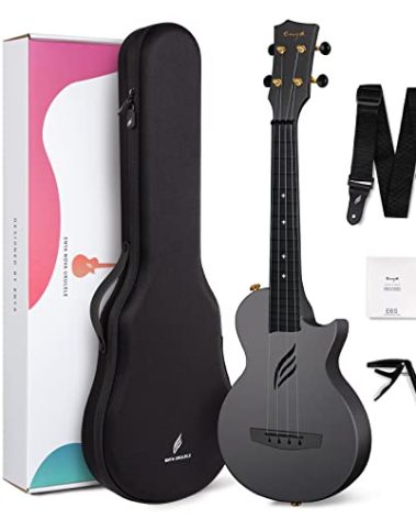 Enya Concert Ukulele Nova U 23’’ Carbon Fiber Travel Ukulele with Beginner Kit includes online lessons, case, strap, capo and strings (Black)