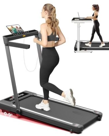 SubSun Treadmill with Auto Incline 0-9%, 3 in 1 Folding Treadmill with Handle Bar, 2.5HP Smart Treadmills for Home, White