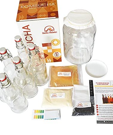 Bucha Brewers Deluxe Kombucha Starter Kit with Kombucha SCOBY & Starter Tea, Full Kombucha Kit with Bottles Swing Top Glass Bottles Kombucha Brewing Kit + 6 Bottles to Flavor Kombucha (Clear Bottles)