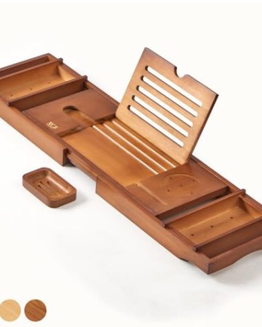 XcE Bamboo Bathtub Caddy Tray - Expandable to 41 Inches with Book Stand, Soap Holder & Anti-Slip Pads for Luxury Bath Spa, Brown