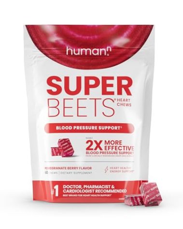 Humann SuperBeets Heart Chews, Nitric Oxide and Blood Pressure Support, Grape Seed Extract & Non-GMO Beet Root Powder Energy Supplement, Pomegranate Berry Flavor, 60 Count