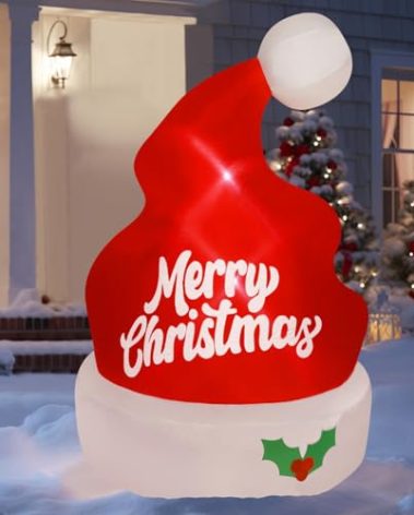 Juegoal Christmas Inflatables Outdoor Decorations, 5FT Inflatable Xmas Hat, Lighted Blow Up Giant Red Hat with Built in LED Lights, Light Up Holiday Winter Roof Lawn Yard Garden Decor