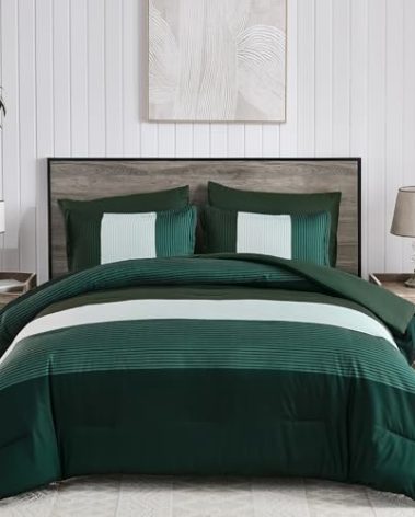 Anibedding 7 Piece Bed in a Bag Stripe King Size Comforter Set, Dark Green Soft Microfiber Striped All Season Bedding with Comforter, Pillow Shams, Flat Sheet, Fitted Sheet and Pillowcases