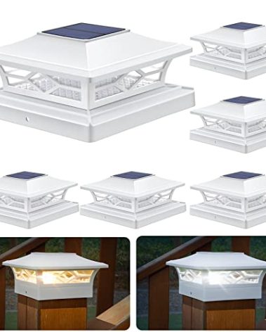 APONUO Solar Post Cap Lights, 6 Pack 2-Mode Fence Post Solar Lights, IP65 Waterproof, Auto On/Off, Outdoor Deck Fence Garden Lights for 4x4 5x5 6x6 Vinyl Posts, White