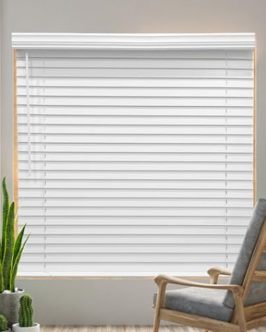 AIRLAJYID Cordless Faux Wood Blinds 37" W x 60" H, 2 Inch Slat Horizontal Windows Blinds with Crown Valance, Room Darkening Blinds, White Blinds for Home Interiors.
