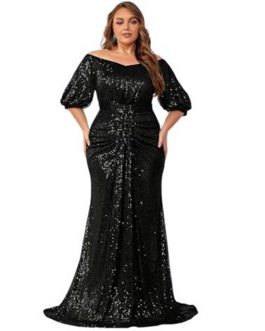 Giffniseti Women's Plus Size Off Shoulder Puff Sleeve Sequin Formal Maxi Dress Evening Party Gowns Black