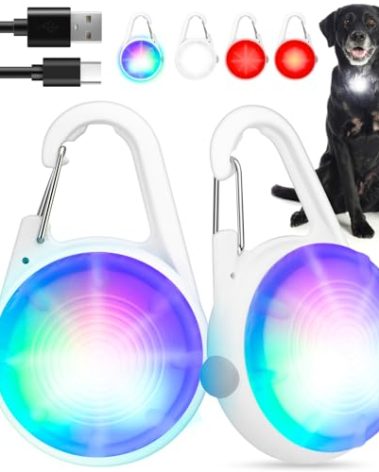 2Pack Dog Lights for Night Walking Dog Collar Light Clip on Glow in The Dark with 4Modes & RGB Color for Camping
