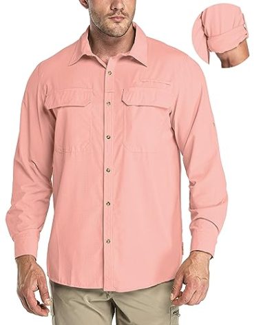 33,000ft Men's Long Sleeve Sun Protection Shirt UPF 50+ UV Quick Dry Cooling Fishing Shirts for Travel Safari Camping Hiking Pink