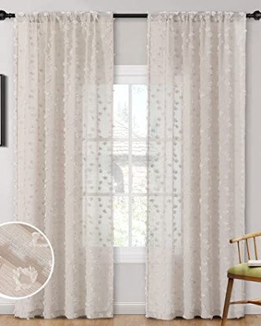 MYSKY HOME Pom Pom Beige Sheer Curtains for Bedroom Girls Room Curtains 72 Inches Long for Nursery Kids Light Filtering Boho Window Drapes, Rod Pocket, 52" Wide, 2 Panels