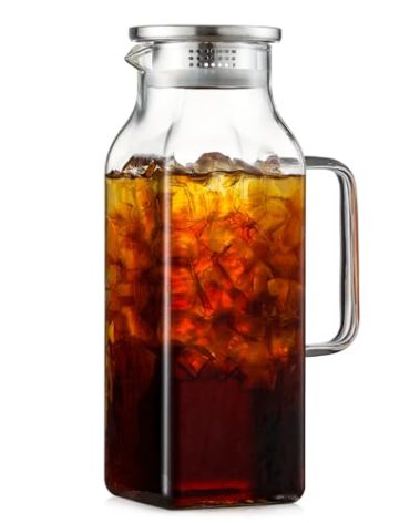 2 Quart (2 Liter 68 oz) Square Glass Pitcher with Lid and Spout, Water Pitchers with Handle for Fridge, Borosilicate Glass Carafe for Hot/Cold Drink, Large Jug for Iced Tea, Coffee,Juice,Milk,Beverage