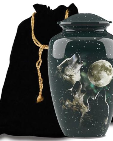 Forever URNS - Large Urn for Ashes Adult Male & Female | Memorial Gifts, Ashes Keepsake l Aluminium Metal with 3 Wolves Theme | Velvet Protection Box | Handcrafted Memorial Box for Funeral, 200 cu in