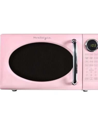 Nostalgia Retro Microwave Oven - 0.7 Cu Ft, 700-Watt Countertop Size with Glass Turntable, Child Safety Lock, 8 Auto-Cook Programs, Digital Clock - Pink
