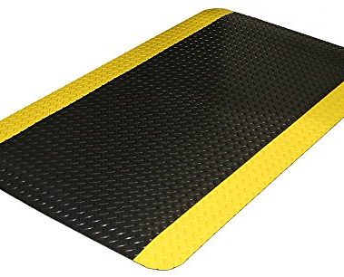 Durable Vinyl Diamond-Dek Sponge Industrial Anti-Fatigue Floor Mat, 2' x 3', Black with Yellow Border