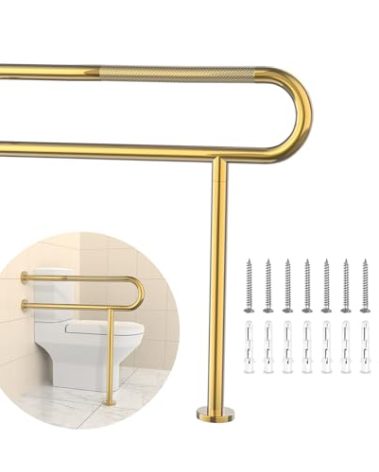 Toilet Grab Bar 31.3 Inch with Leg, YuanDe Wall Mounted Safety Bar, Brushed Gold Stainless Steel Anti-Slip Bathroom Support Rail for Elderly, Disabled, Handicap, Seniors, Injury Recovery