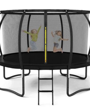 Liyarya 12FT Trampoline for Kids/Adults - Outdoor Trampolines with Enclosure Net Curved Poles and Ladder, Heavy Duty Trampoline for Backyard, Anti-Rust Coating Leg, ASTM Approval