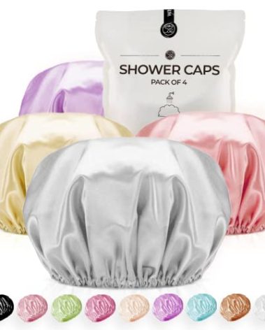 Shower Cap for Women Reusable Extra Large Shower Caps for Men Satin Double Layer EVA Waterproof Long Hair Caps(Silver Gray, Orchid, Gold, Pink 4 Pack)
