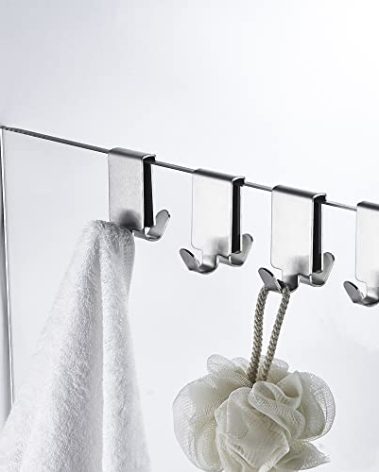 Double Hooks for Glass Shower Door, Towel Hooks Over The Bathroom Glass Wall 0.31-0.39in, Stainless Steel, Brushed,4 Pack.