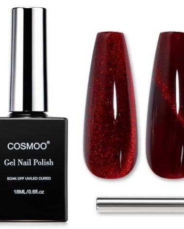 Wine Red Cat Eye Gel Polish, Dark Red Gel Nail Polish, Cat Eye Glitter, Magnetic, Shimmer Nail Polish for Nail Salon & DIY at Home (Wine Red, 0.6 Fl Oz)