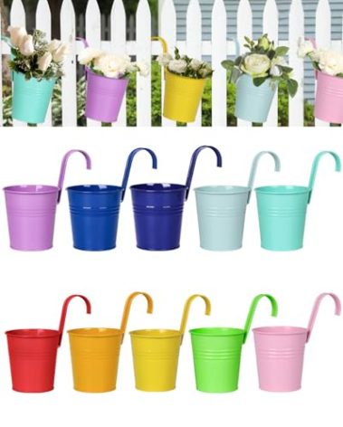 6 Inch Metal Railing Planter for Outdoor Plants - 10 Pack Balcony Hanging Planter Box with Detachable Hooks and Drain Holes Oval Hanging Pots Small Fence Planters for Railing Garden Fence