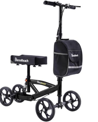 BlessReach Steerable Knee Walker Deluxe Medical Scooter for Foot Injuries Compact Crutches, with Dual Rear on-Wheel Brake and Shock Absorption Under The Knee pad, Black