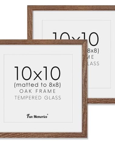 10x10 Picture Frame Set of 2, Solid Oak Wood Frame 10 x 10, 10 by 10 Wood Frames for Wall, 10x10 Picture Frame with Mat for 8x8, Square 10"x10" Photo Frames Real Glass, Walnut Color, 2 Pack